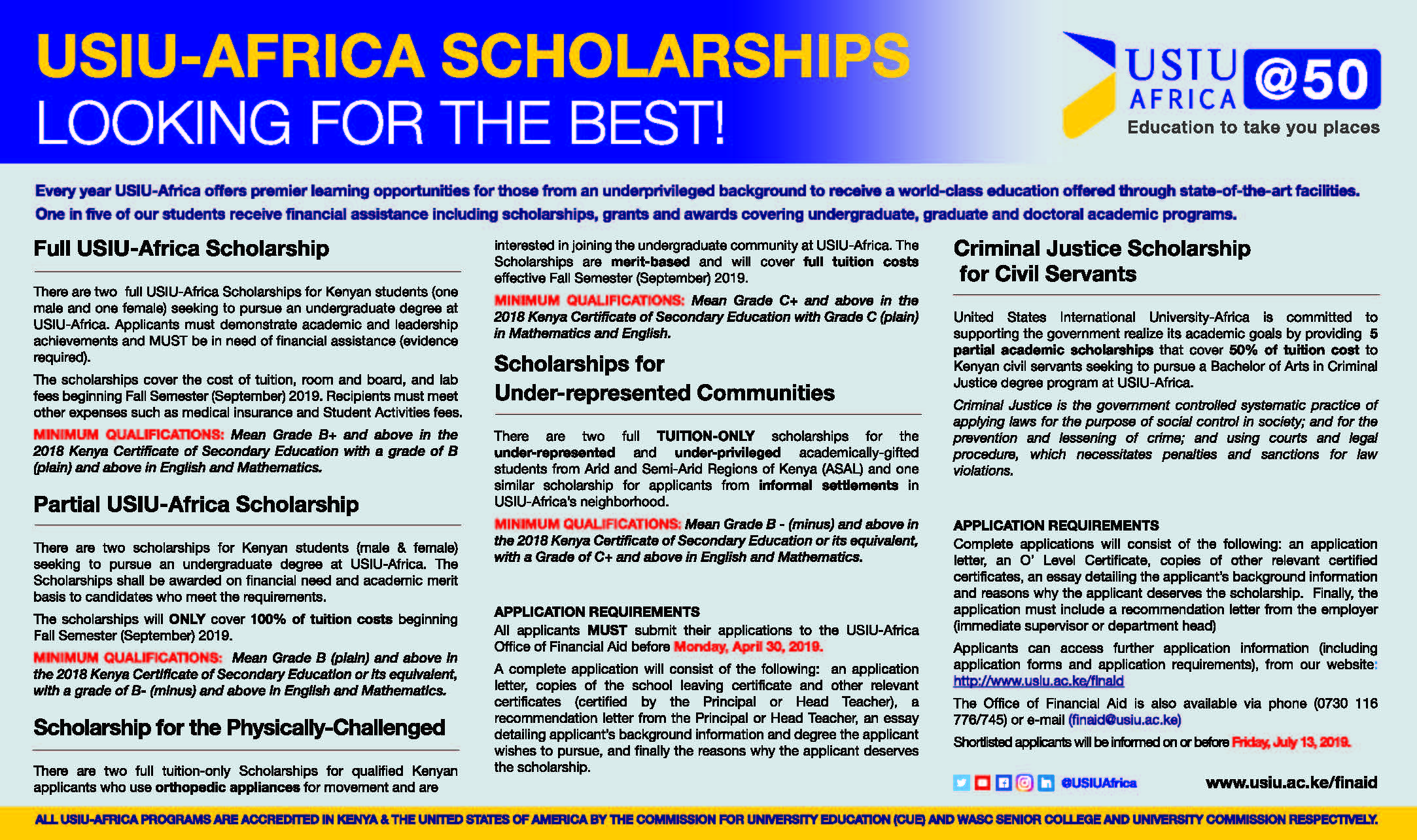 USIU-AFRICA SCHOLARSHIPS; DEADLINE - Monday, April 30, 2019